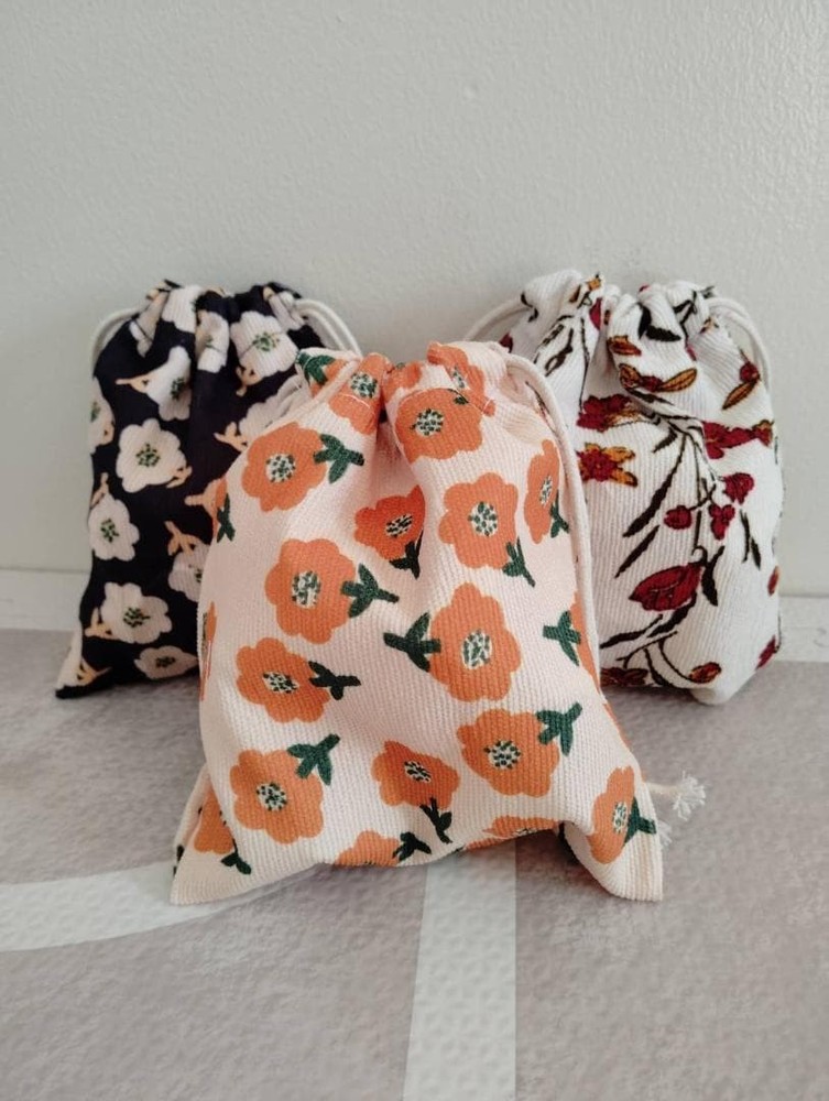 * Retro Drawstring Bag * Small Item Pouch Orange Floral Pattern