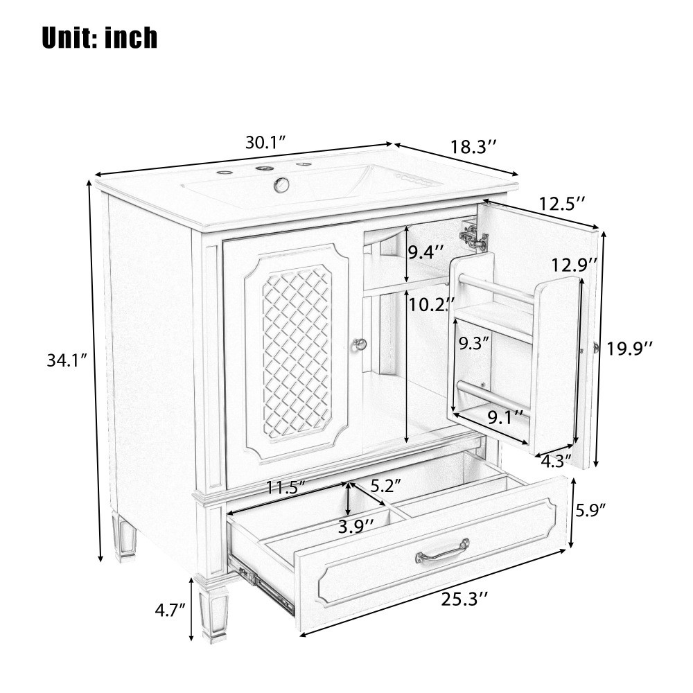30" Bathroom Vanity with Sink Vintage Style, Multi-functional Storage Space