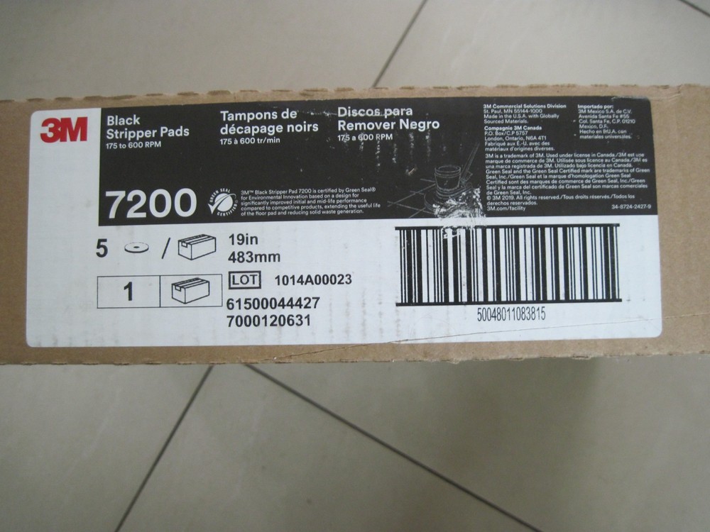 3M Stripper Floor Pad 7200, 19", Black - Includes five pads.