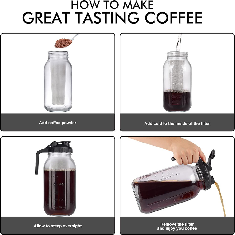 Cold Brew Mason Jar Iced Coffee Maker, Durable Glass, - 64 Oz (2 Quart / 1.9 Lit