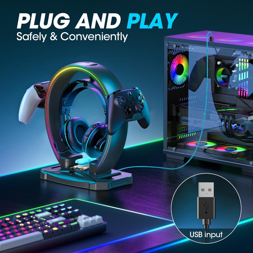 KDD RGB Headphone & Controller Stand with 9 Light Modes - Foldable Black