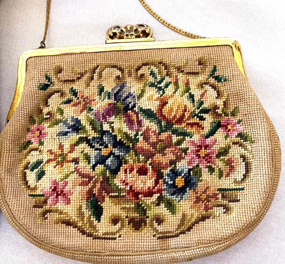 3 Purses; 2 Beaded White Purses W/ Sequin/ 1 Needle- point Tan evening Purse