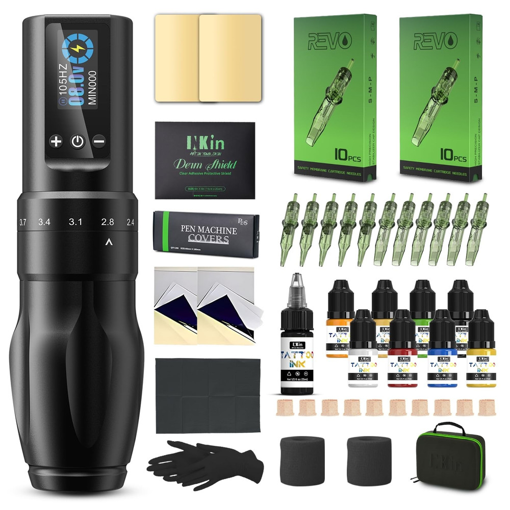 Inkin Tattoo Kit Wireless Machine Adjustable Stroke Beginner Set Needles Ink