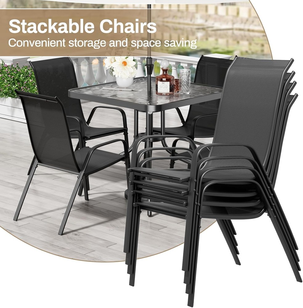 Outdoor Patio Dining Set with 4 Stackable Textilene Chairs and Square Table