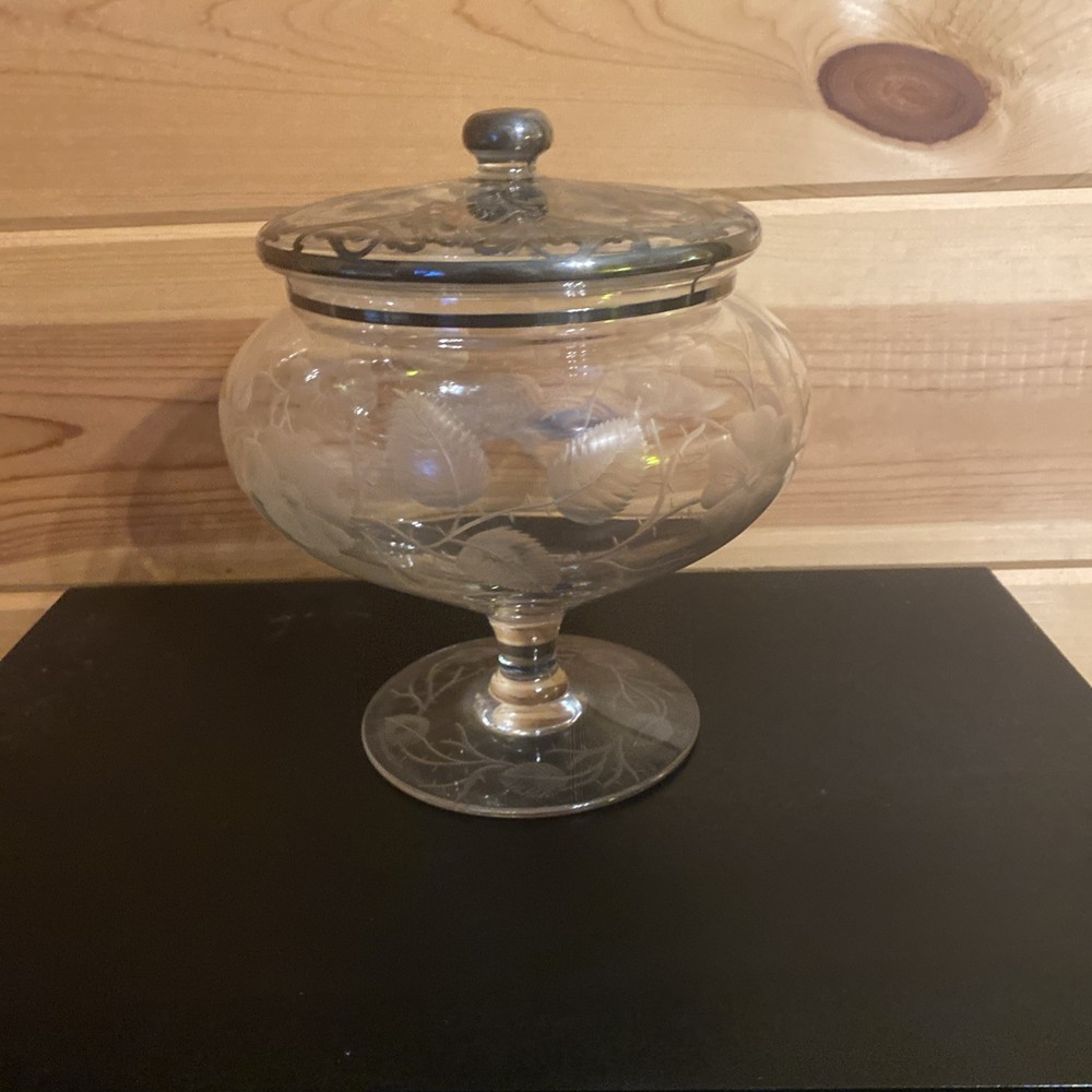 Etched Glass Compote With Silver Overlay Beautiful!