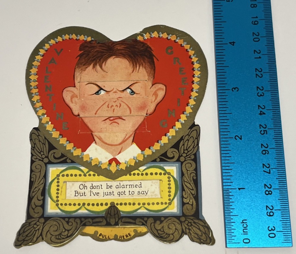 Vintage MCM Mechanical Pull Here VALENTINE Boy's Face Changes To Smile ❤️❤️