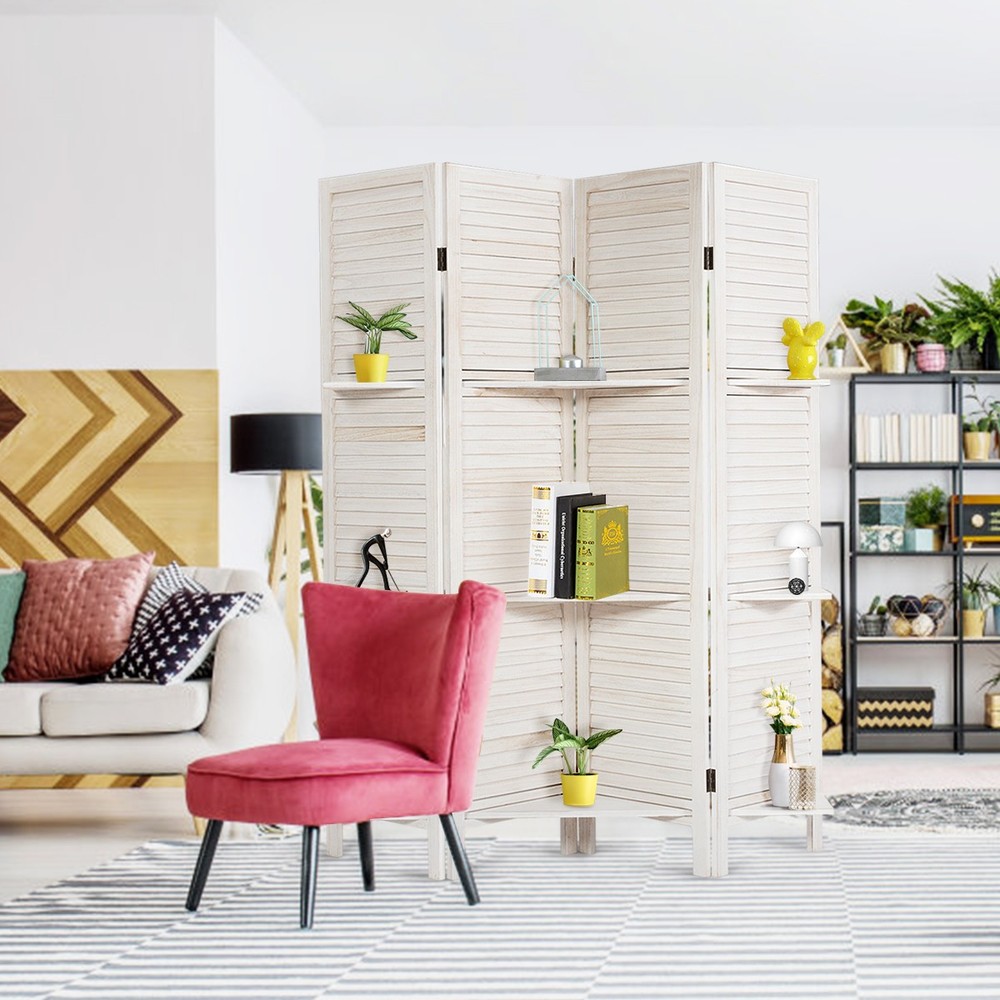 5.6 Ft 4 Panel Bedroom Modern Divider Screen Foldable W/3 Display Rack White