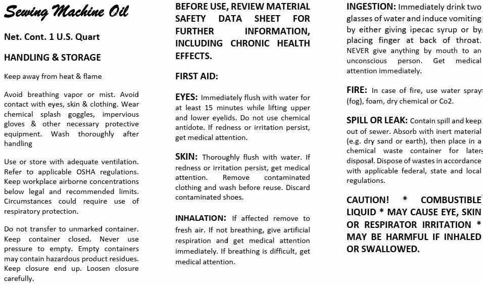 Sewing Machine Oil ~ Lily White (Quart)