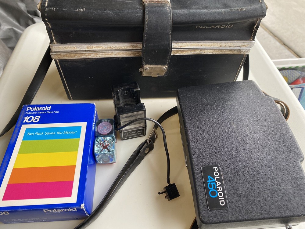 Vintage Polaroid 450 Untested Land Camera w/ Attachments, Accessories, & Case