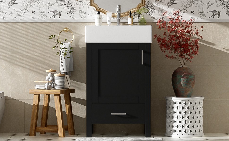 Black Modern Bathroom Vanity with Ceramic Sink, Solid Wood Frame，Storage Drawer