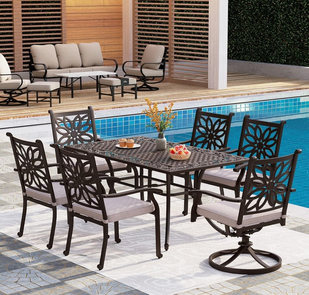 Patio Dining Table Cast Aluminum Outdoor Rectangular Table W/ Umbrella Hole