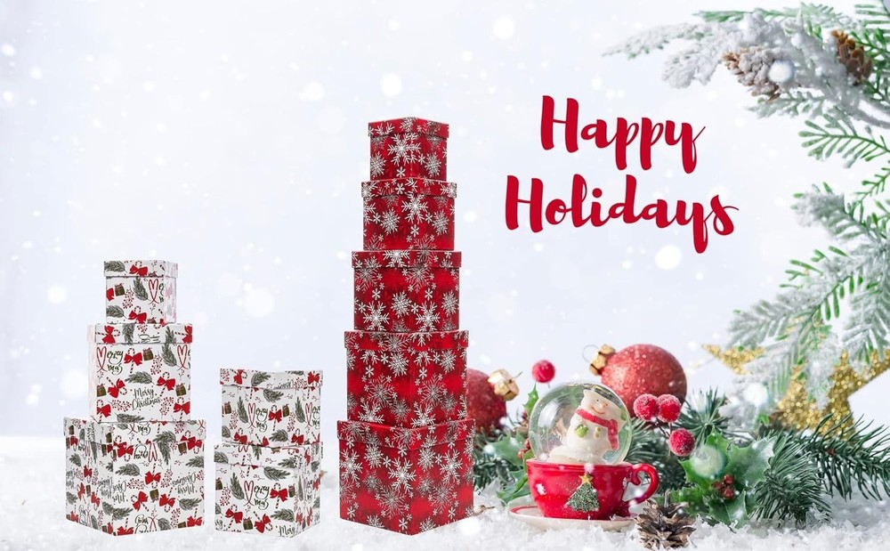 5PCS Christmas Nesting Gift Boxes with Lid, Nested Box Set, 5 Sizes, Square S...