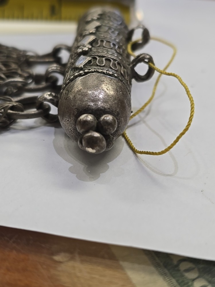 Yemen Bedouin Hirz (cylinder amulet, chains & panel) Middle Eastern Dowry Silver