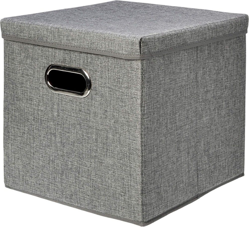 Foldable Burlap Cloth Cube Storage Bin W/ Lid Stackable & Sturdy Gray Set of 2