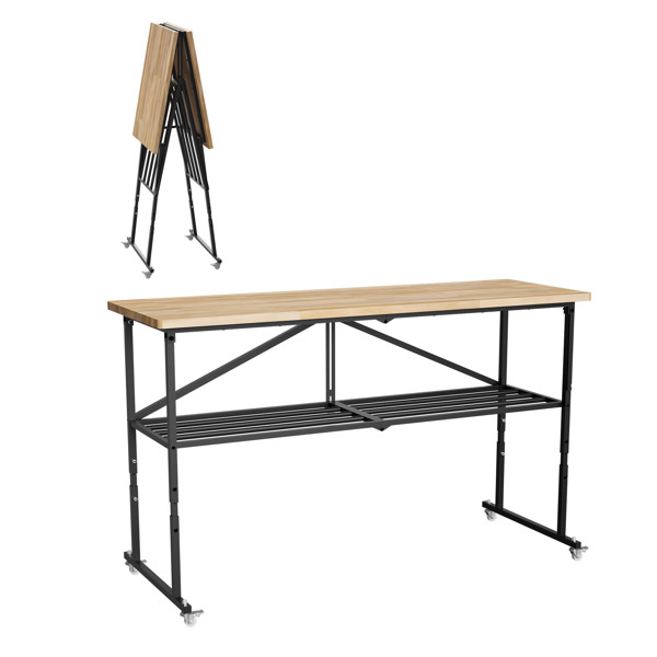 Foldable solid wood workbench with casters and adjustable height