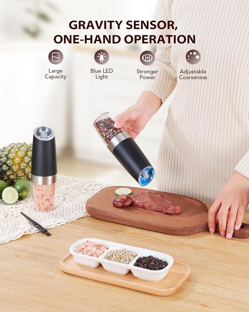 Gravity Electric Salt Pepper Grinder Set Auto LED Light, Adjustable Coarseness