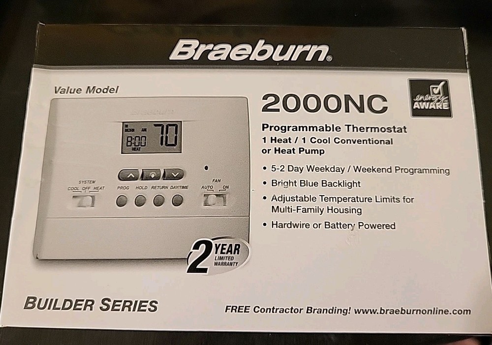 Programmable Thermostat Braeburn Single Heat/Cool 2000NC Builder Series New