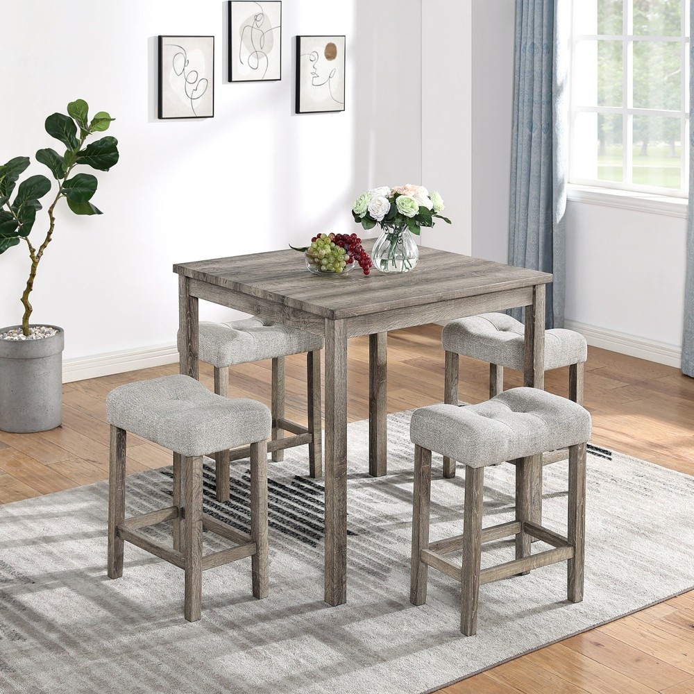 5 Piece Dining Table Set Square Wooden Table w/ 4 Upholstered Saddle Stools
