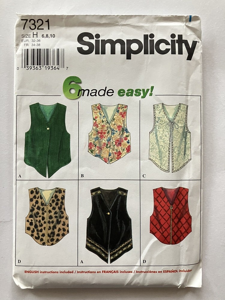 Womens Vest Sewing Pattern Lot Crazy Quilt Patchwork Applique Simplicity Boho