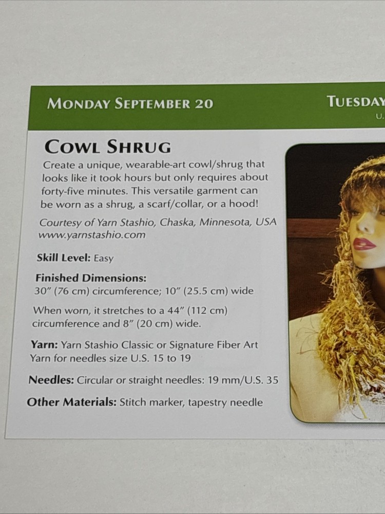 Cowl Shrug Knitting Pattern Card Page