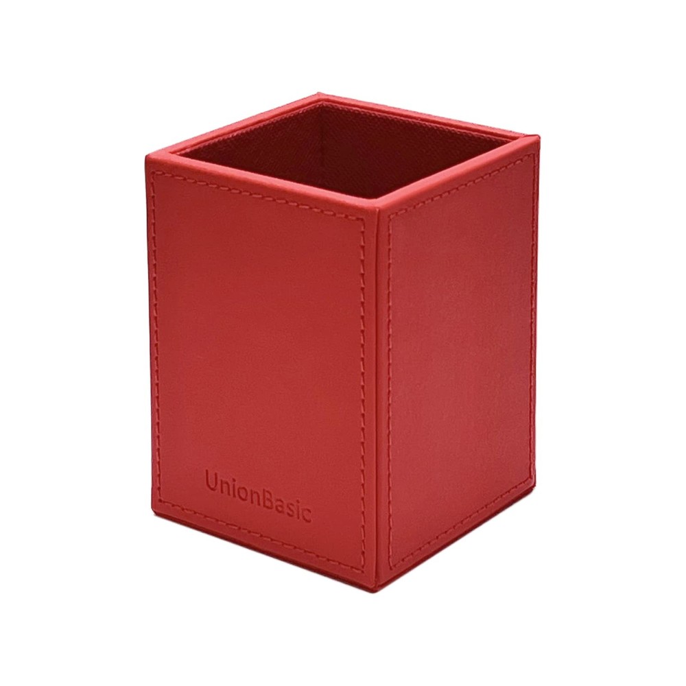 UnionBasic Square Pen Holder, Leather Pencil Cup, Desktop Caddy Red