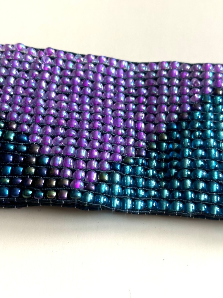 Hand loomed glass bead belt wood scroll triangles