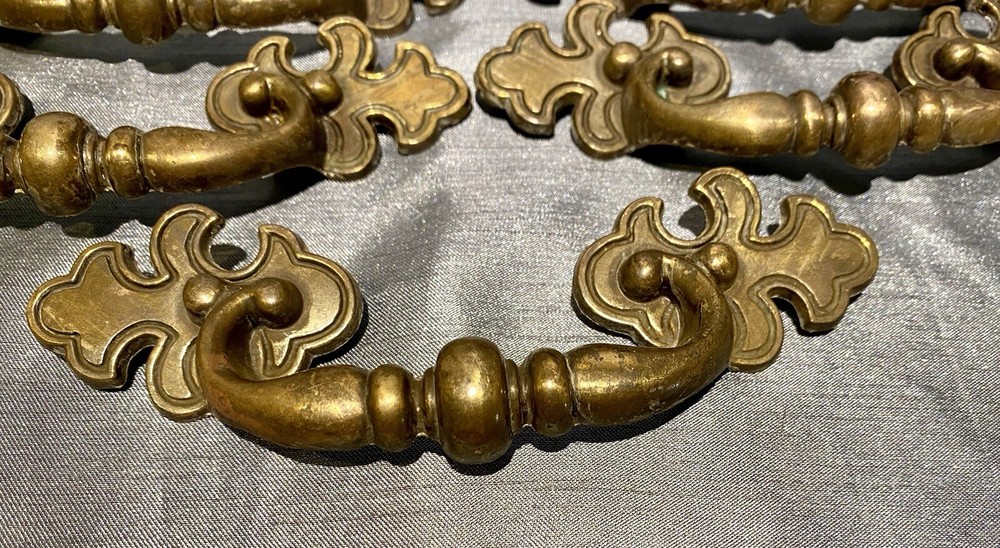 Large Antique Heavy Brass Fixed Drop Pulls, Handles, Hardware. Set Of 5