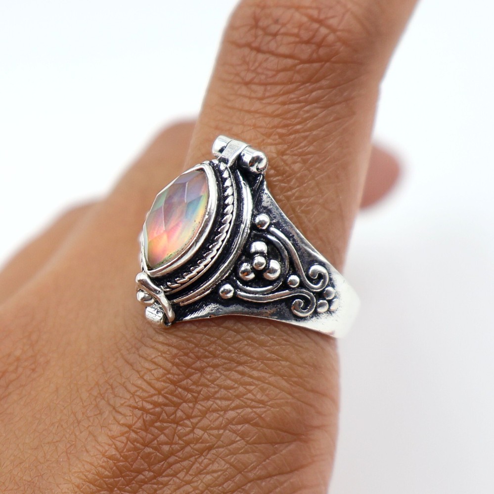 Aurora Opal Stone Poison Ring, 925 Silver Platted, Compartment Pill Box Ring
