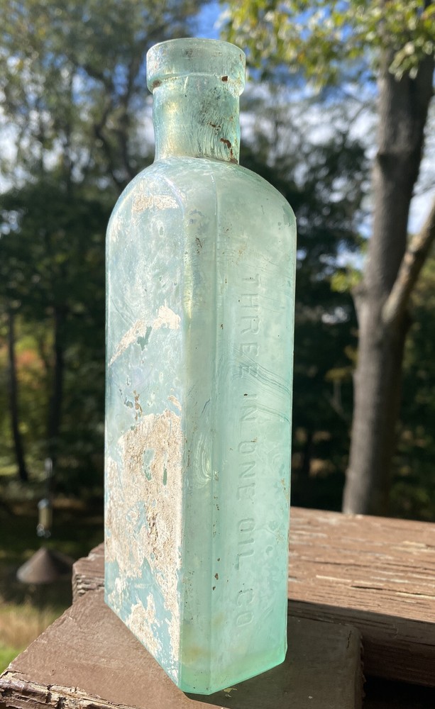 Three In One Oil Co, Blown Aqua Bottle
