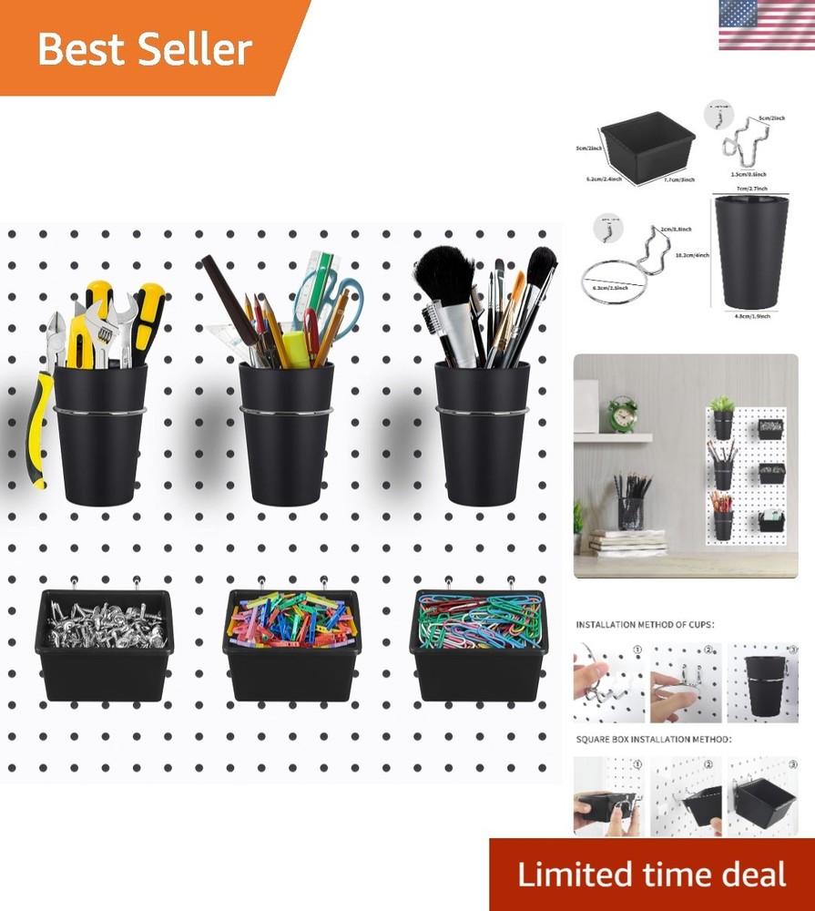 6-Piece Pegboard Organizer Set: Rust Resistant Hooks & Bins for Tools - Black