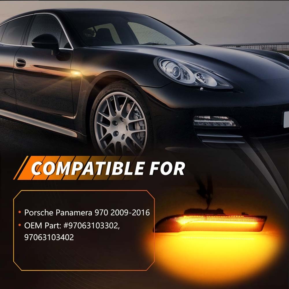 Smoked Dynamic Amber LED Front Side Marker Lights For 09-16 Porsche Panamera 970