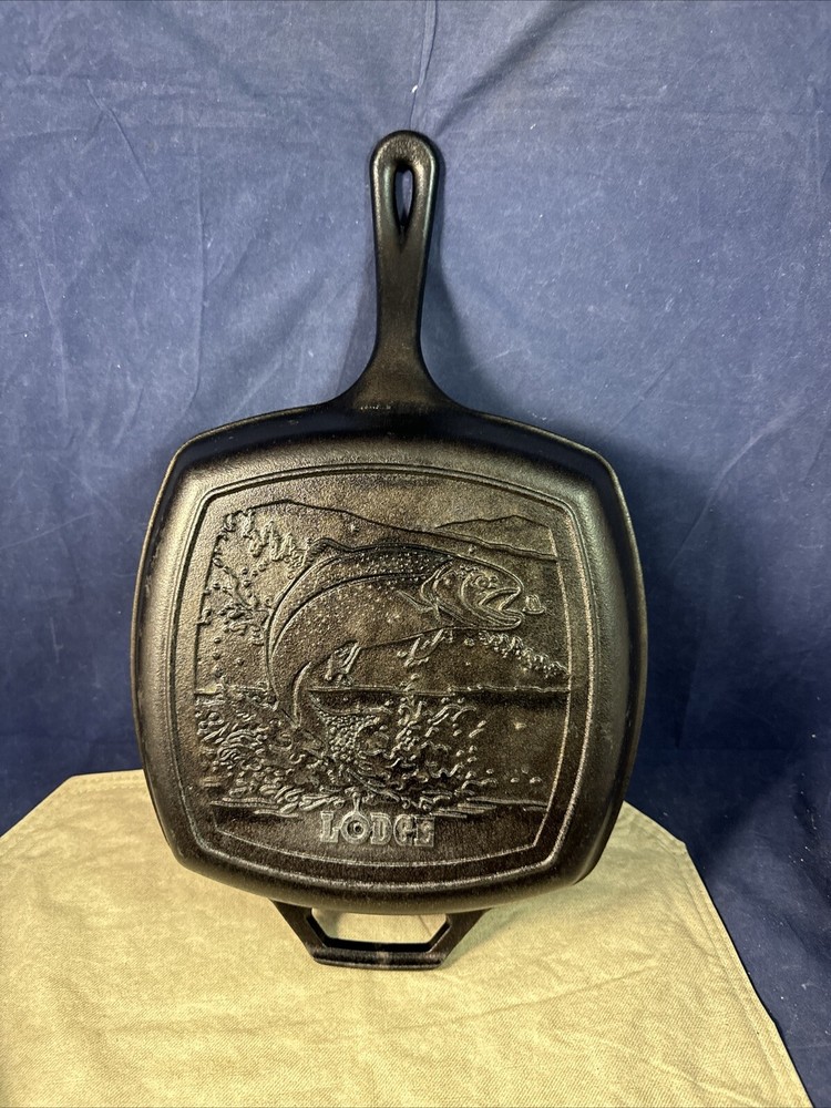 Lodge Wildlife Series Cast Iron Camping 10-1/2" Square Griddle Embossed Fish