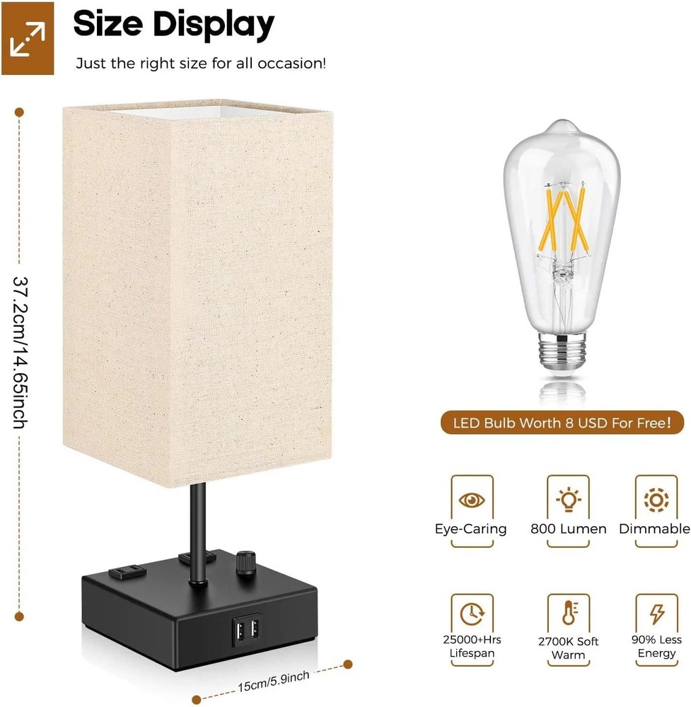 Nordic Hygge Fully Dimmable USB Bedside Table Lamp, 2 Pack