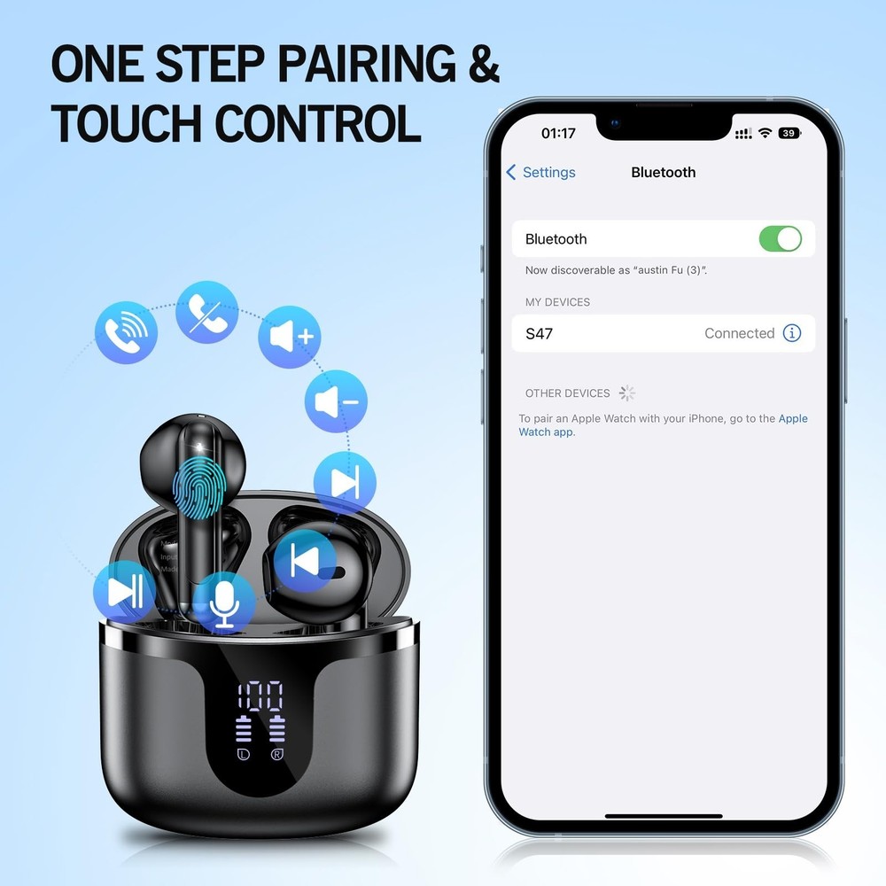 Wireless Bluetooth Earbuds with LED Display Charging Case for iPhone Android