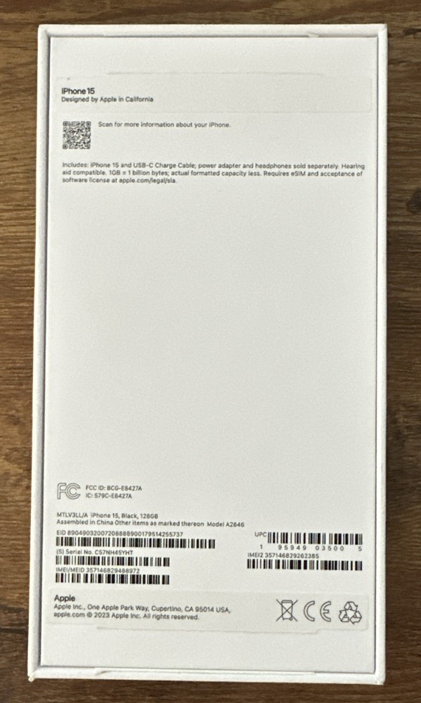 Apple A2846 iPhone 15 Black 128GB - Empty Box ONLY