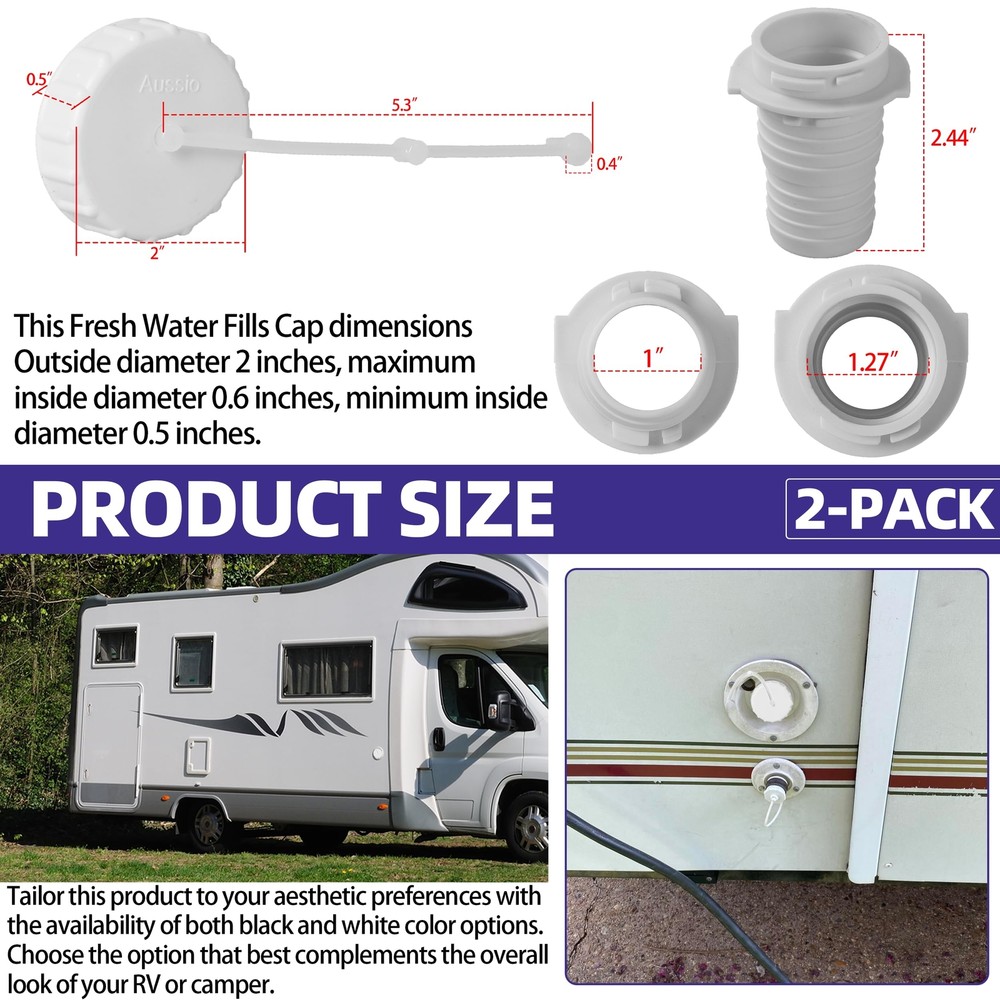 2-Pack White Fresh Water Fills Cap RV Fresh Water Tanks Cap and Strap Camper ...