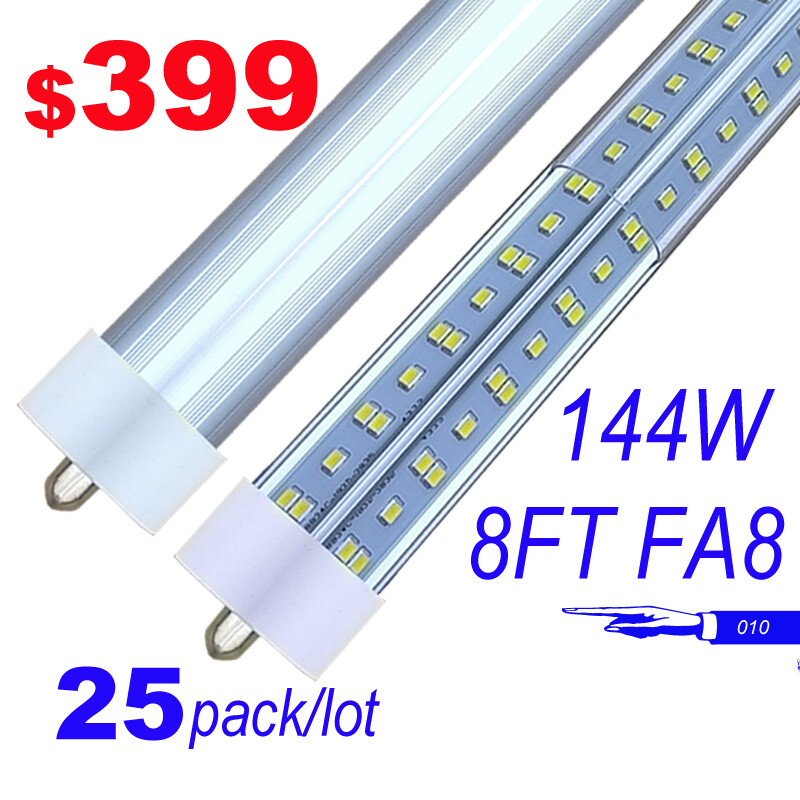 25 Pack T8 8FT LED Tube Light 144W Single Pin FA8 8ft 6500K LED Shop Light Bulbs