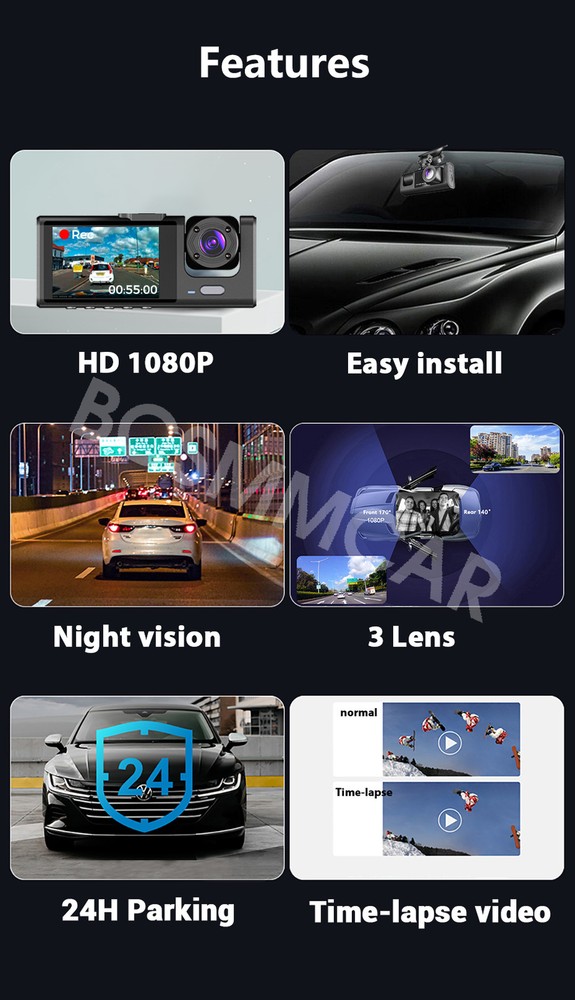 Car Dash Cam Video Recorder Front/Rear/Inside Camera G-sensor Motion Detection