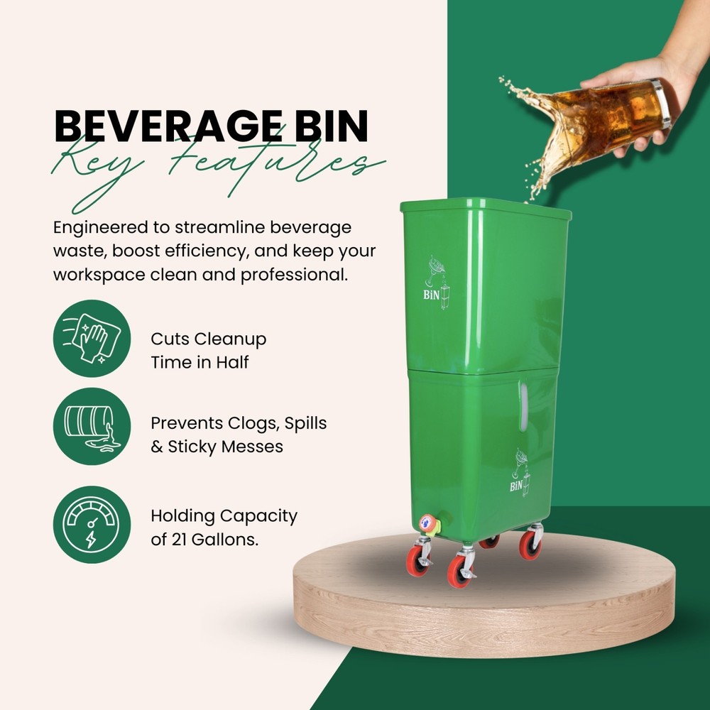 Green Drink Dump Bin w/ Wheels – Dual Compartment Liquid & Trash Disposal