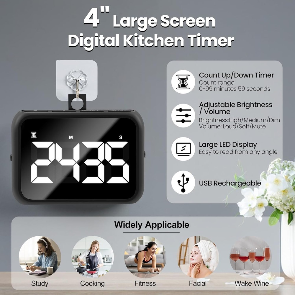 USB Rechargeable Digital Kitchen Timer with Large LCD Display, Black