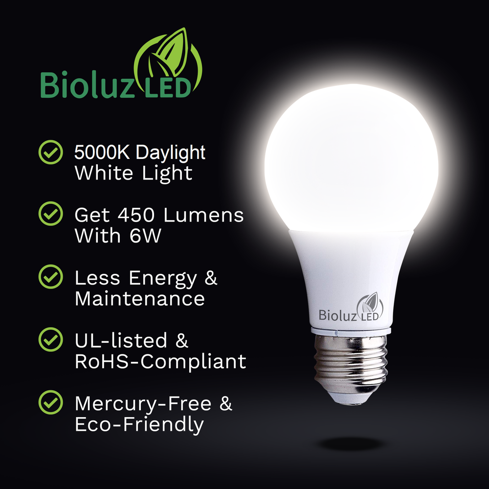 6 Pack Bioluz LED A19 40 Watt LED Light Bulbs Non Dimmable