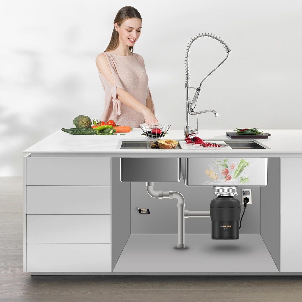 MAX DISPOSER Garbage Disposal 1/2 HP Easy install Quiet with Stopper Power Cord,