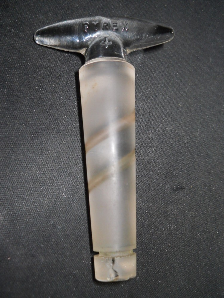 Corning Pyrex Double Diagonal 3mm Bore Solid Glass Stopcock Plug, Chipped