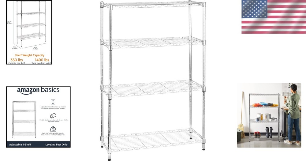 Adjustable 4-Shelf Wire Rack - Durable Chrome Storage Unit for Kitchen or Garage