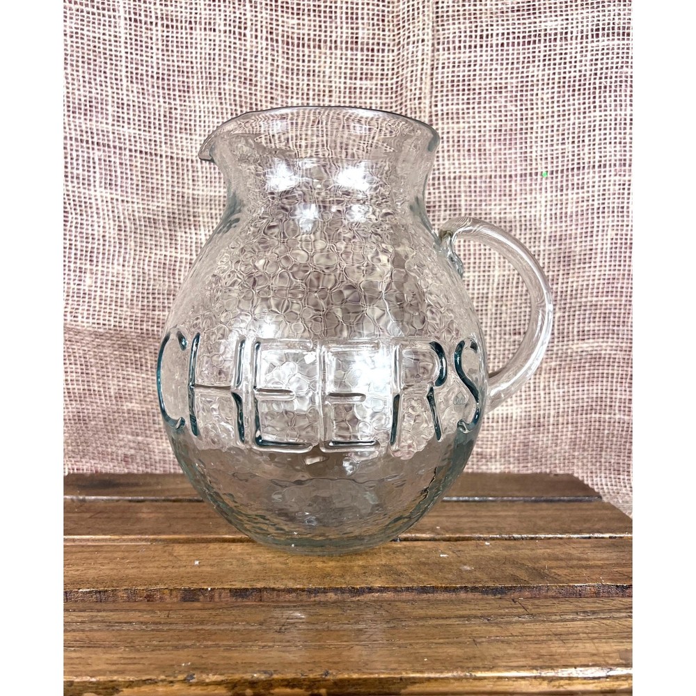 Mud Pie Clear Glass Textured “Cheers” Pitcher~Embossed on Front~New