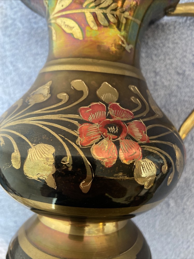 Vintage Hand-Painted copper Water Pitcher 6 “ tall