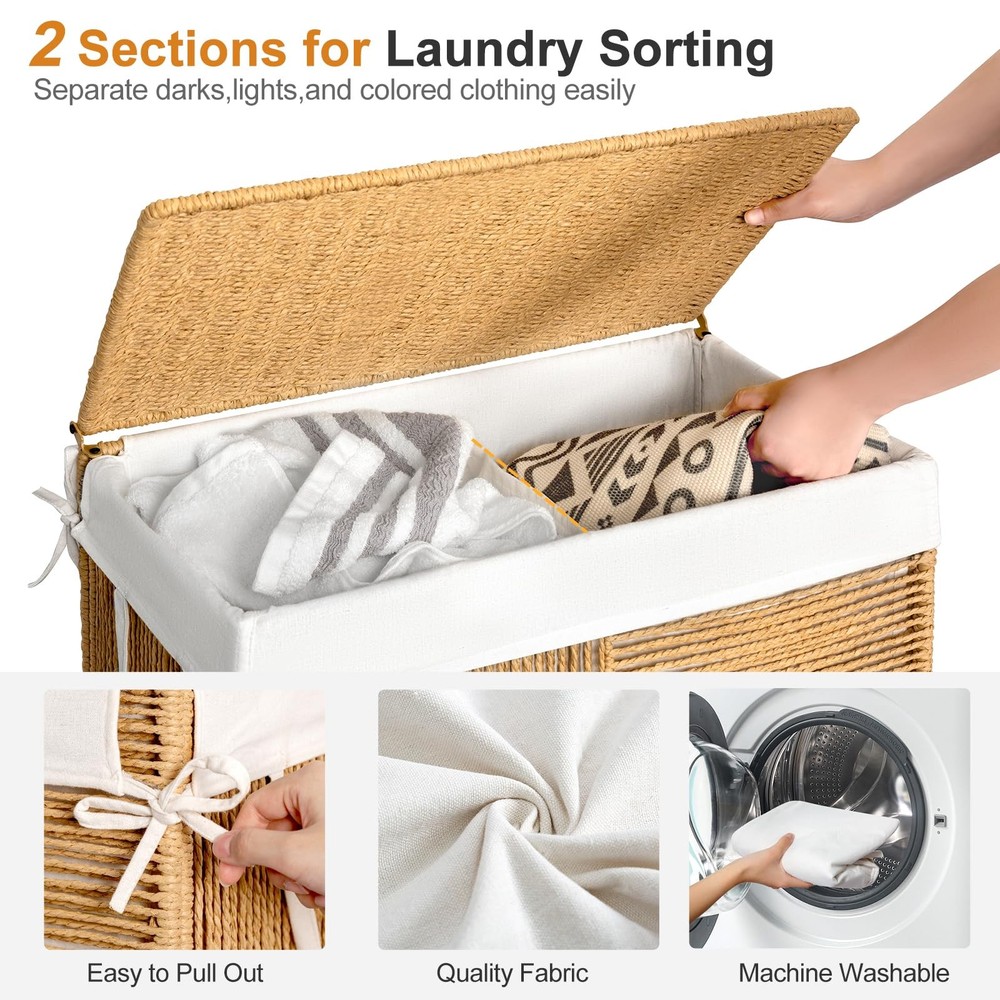 Double Laundry Hamper with Lid, Handwoven Rolling Laundry Basket with Wheels,...