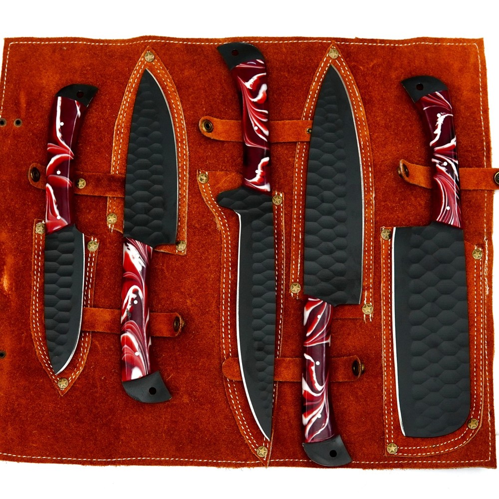 CUSTOM HANDMADE D2 HAMMERED PATTERN 5 PIECES CHEF SET WITH LEATHER CARRYING BAG