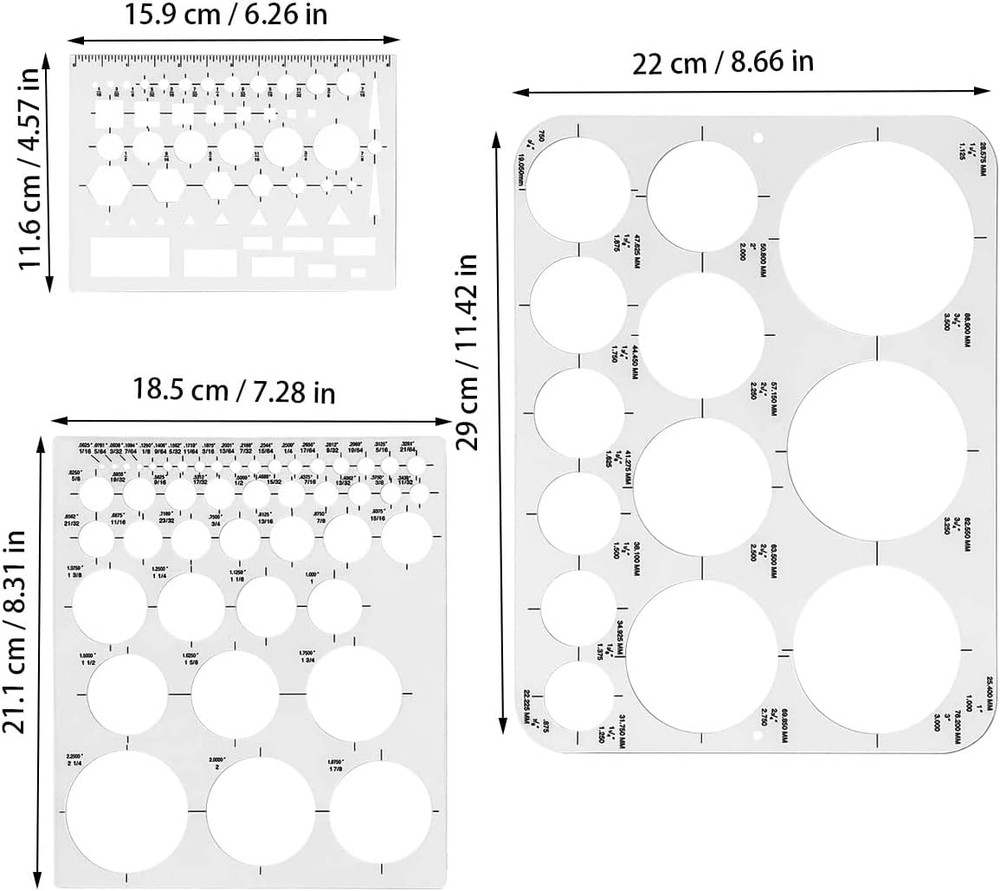 Circle Templates for Drawing - 3 Pack Drafting Stencils Measuring Tools, Circle