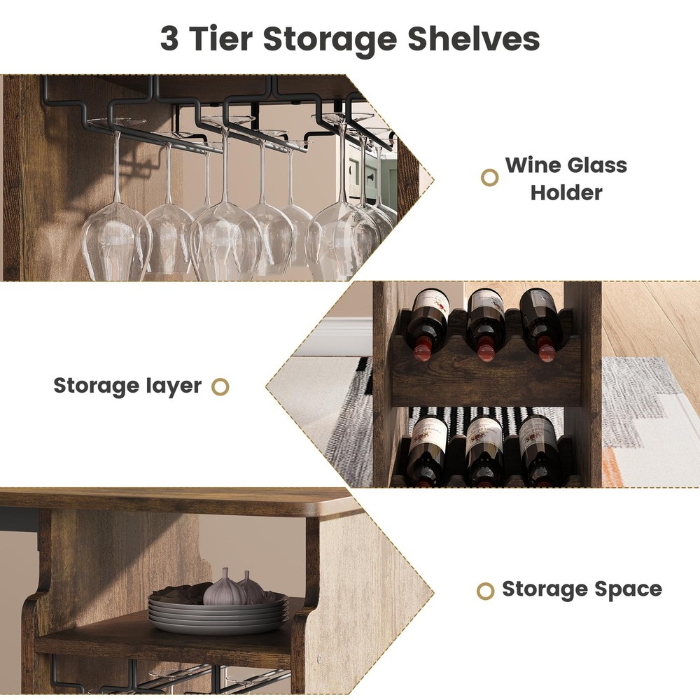 Rustic Bar Table Set with Triple-Level Wine Rack, Padded Stools, Stemware Hanger